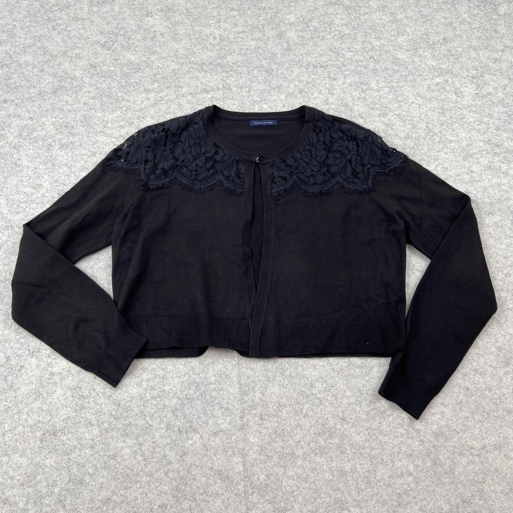 Tommy Hilfiger Cardigan Sweater Womens Medium Black Floral Lace Knit Open Front
